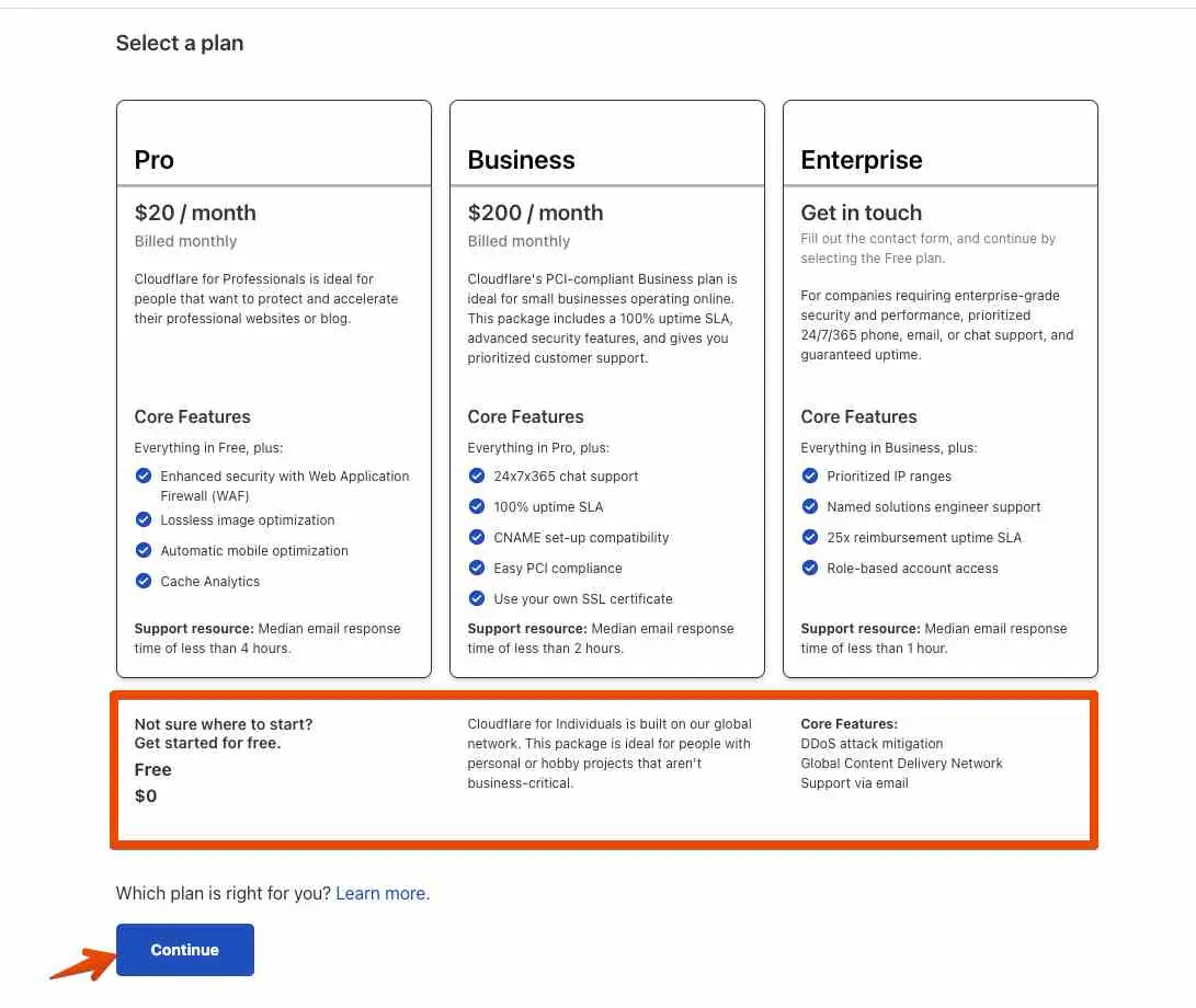 Chọn gói dịch vụ CloudFlare
